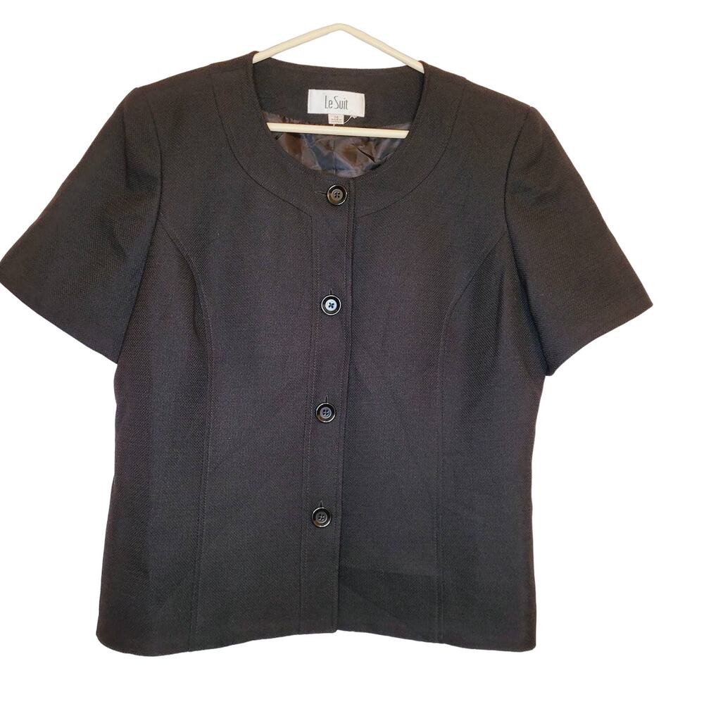 Le suit black short sleeved button front blazer Size 14 Retro Old money Minimal